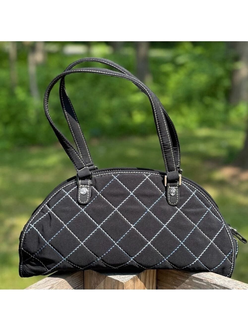 Vera Bradley Sausalito Quilted Handbag in Black Microfiber & Blue Stitch Detail - Picture 2 of 12